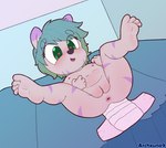 anthro anus bed blush butt clean_diaper clitoris clothing diaper female flat_chested furniture genitals green_eyes green_hair hair legs_up lying navel nipples nude on_back open_diaper pussy solo spread_legs spreading toddler young young_anthro archxuna bear domestic_cat felid feline felis hybrid mammal hi_res