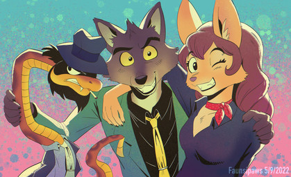 anthro ascot beard black_hair brown_body brown_fur brown_hair cigarette clothed clothing collared_shirt cosplay countershade_fur countershading facial_hair female feral fur green_clothing green_jacket green_topwear group hair hat headgear headwear hug jacket looking_at_viewer male multicolored_body multicolored_scales necktie one_eye_closed orange_body orange_fur scales shirt simple_background smile standing suit tail topwear trio wink winking_at_viewer yellow_necktie faunsipaws dreamworks lupin_iii the_bad_guys arsene_lupin_iii daisuke_jigen diane_foxington fujiko_mine mr._snake_(the_bad_guys) mr._wolf_(the_bad_guys) canid canine canis fox mammal reptile scalie snake wolf digital_media_(artwork) hi_res