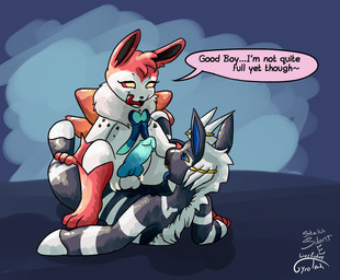 accessory anal balls blue_eyes dreadlocks duo feral genitals grey_body hair_accessory hair_tie hooves licking licking_lips male male/male mane penis pet_praise pink_body praise ribbons_(anatomy) stripes text tongue tongue_out white_body gyrotech silent_e nintendo pokemon fan_character ruzestrika eeveelution equid equine generation_5_pokemon generation_6_pokemon hybrid_pokemon mammal pokemon_(species) sylveon volcarona zebstrika english_text tagme