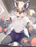 all_fours anthro blush bodily_fluids bottomwear breath clothing embarrassed first_person_view grey_body hair inside kemono low-angle_view male mouth_closed pawpads shirt shorts shota solo sweat t-shirt topwear young dodoo0924 canid canine canis mammal wolf watermark