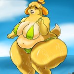 anthro belly big_breasts bikini breasts camel_toe clothing female looking_at_viewer obese overweight solo swimwear thick_thighs two-piece_swimsuit laika_2 animal_crossing nintendo isabelle_(animal_crossing) canid canine canis domestic_dog mammal 1:1 hi_res