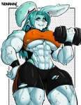 abs abstract_background anthro biceps big_breasts big_muscles blue_eyes bottomwear breasts buckteeth clothing crop_top dumbbell exercise female fingers floppy_ears fur hair huge_muscles hyper hyper_muscles long_ears long_hair looking_at_viewer midriff multicolored_body multicolored_fur muscular muscular_anthro muscular_female muscular_thighs nipple_outline shirt shorts smile solo teal_body teal_fur teal_hair teeth topwear torn_bottomwear torn_clothing torn_shorts two_tone_body two_tone_fur under_boob weightlifting weights white_body white_fur workout workout_clothing mrmelted nonanni tilly_(flufffluff84) lagomorph leporid mammal rabbit 2024 absurd_res artist_name digital_drawing_(artwork) digital_media_(artwork) hi_res watermark