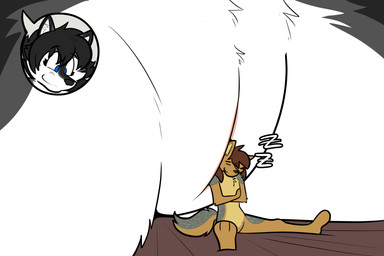 anthro duo female genitals imminent_unbirth imminent_vore male male/female micro sleeping vulva solacelunis meani sleek canid canine canis corsac_fox domestic_dog fox husky mammal nordic_sled_dog spitz true_fox wolf 3:2 absurd_res hi_res