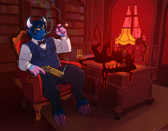 black_hair blue_body blue_skin bow_tie cigar clothing collared_shirt curved_horn dress_shirt gun hair handgun hooves horn humanoid_pointy_ears male pointy_ears ranged_weapon revolver shirt slacks smoking_tobacco solo suit suit_vest topwear weapon yellow_sclera naughtyjester mizziloth demon demon_humanoid humanoid hi_res