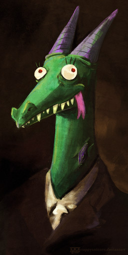 anthro brown_background brown_clothing brown_suit clothed clothing derp_eyes female forked_tongue gem green_body horn purple_horn simple_background solo suit text tongue tongue_out cosmicunicorn friendship_is_magic hasbro my_little_pony mythology crackle_(mlp) dragon mythological_creature mythological_scalie scalie bust_portrait hi_res inspired_by_formal_art portrait shaded url