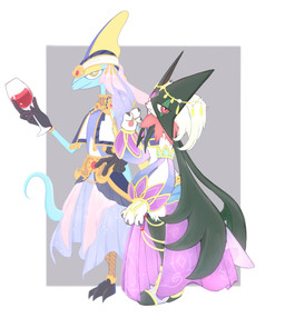 alcohol ambiguous_gender anthro beverage black_body blue_body container cup drinking_glass duo flower_(anatomy) fur glass glass_container glass_cup green_body green_fur holowear_(pokemon) looking_at_viewer mask pink_eyes pink_nose wine wine_glass yellow_eyes s8iyt nintendo pokemon pokemon_unite dancer_style_meowscarada oasis_style_inteleon generation_8_pokemon generation_9_pokemon inteleon meowscarada pokemon_(species) 2026 hi_res