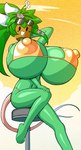 big_breasts bikini blush blush_stickers breasts clothing female flower furniture green_body huge_breasts looking_at_viewer navel nipple_outline not_furry open_mouth plant sitting solo stool swimwear two-piece_swimsuit angstrom blaster_master kanna_(blaster_master) elemental_creature elemental_humanoid humanoid hi_res