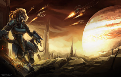 5_fingers anthro armor breasts building clothed clothing detailed_background dreadlocks female fingers gun jupiter_(planet) planet ranged_weapon weapon mindmachine felid felid_taur mammal mammal_taur taur 2018 digital_media_(artwork) hi_res