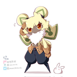 anthro bottomwear chibi clothing fluffy fluffy_chest fur gloves handwear long_ears male orange_eyes pants ponytail_ears shirtless small_waist solo yellow_body yellow_fur youzaiyouzai112 bandai_namco digimon digimon_ghost_game digimon_(species) lagomorph leporid mammal rabbit symbareangoramon 1:1 hi_res