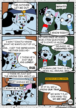 2_missing_limbs amputee black_collar black_ears black_nose black_spots blue_collar collar dialogue disability double_amputee female feral fingerless_(marking) floppy_ears freckled_face freckles fur group heterochromatic_ears leg_markings male markings pink_inner_ear red_collar socks_(marking) speech_bubble spots star tail tail_aside text toony trio white_body white_ears white_fur white_spots redundantmodule 101_dalmatian_street 101_dalmatians disney delgado_(101_dalmatians) dolly_(101_dalmatians) doug_(101_dalmatians) dylan_(101_dalmatians) canid canine canis dalmatian domestic_dog mammal absurd_res comic english_text hi_res