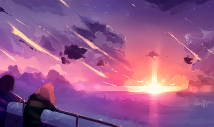 cloud detailed_background duo fur long_ears railing sky stripes sunset white_body white_fur flyinggoats undertale undertale_(series) asriel_dreemurr frisk_(undertale) boss_monster_(undertale) bovid caprine goat human mammal