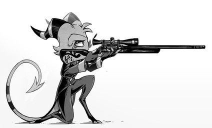 2_horns aiming_gun aiming_rifle aiming_sniper_rifle aiming_weapon bent_legs clothed clothing crouching curved_tail freckled_face freckles g_clef gun hair holding_gun holding_object holding_ranged_weapon holding_rifle holding_weapon hooves horn kneeling male musical_clef musical_note musical_symbol on_one_knee ranged_weapon rifle scope simple_background sniper_rifle solo spade_tail striped_horn stripes symbol tail weapon white_background littlemisschii hellaverse helluva_boss moxxie_(helluva_boss) demon demon_humanoid humanoid imp 2023 digital_media_(artwork) greyscale hi_res monochrome