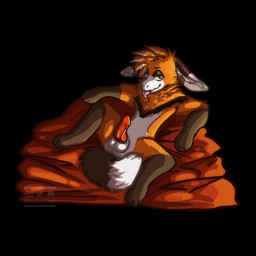 anthro bean_bag erection heterochromia male presenting sitting solo tongue tongue_out bowlofwolfieos callidus_fox hybrid hi_res