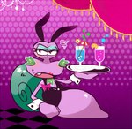 alcohol anthro beverage bodily_fluids bunny_costume checkered checkered_floor clothed clothing cocktail costume crossdressing eyelashes eyeshadow facial_hair fake_ears fake_rabbit_ears femboy goatee green_shell lying makeup male mature_anthro mature_male narrowed_eyes open_mouth purple_body ribbons shell solo sweat kouhakugohan kirby:_right_back_at_ya! kirby_(series) nintendo escargoon gastropod mollusk snail low_res