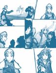 2015 anthro armor blue_and_white cloak clothing comic conditional_dnp felid female flora_(twokinds) fur group hair human keidran keiren_(twokinds) male mammal monochrome outside pantherine ponytail simple_background sketch tiger tom_fischbach trace_legacy twokinds white_background