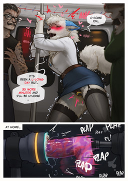 2_panel_comic accessory anthro belt biped blush blush_lines bodily_fluids border bottomwear breasts chest_tuft clothed clothed_anthro clothed_female clothed_male clothing collared_shirt dialogue dildo dildo_in_vagina dildo_insertion dress_shirt eyebrows eyewear facial_hair female female_anthro female_focus fingers fluffy fluffy_tail fucking_machine fully_clothed fully_clothed_anthro fully_clothed_female fully_clothed_male fur garter garter_straps genital_fluids genitals glasses group hair heart_symbol hearts_around_head humanoid_dildo humanoid_genitalia humanoid_hands humanoid_vulva jewelry legwear looking_at_another looking_pleasured machine male male_anthro markings masturbation moan mouth_closed mustache narrowed_eyes necklace non-euclidean_masturbation office_clothing onomatopoeia open_mouth panties pendant penetration plap pole portal portal_masturbation portal_panties public public_indecency public_masturbation public_transportation question_mark sex_toy sex_toy_in_vagina sex_toy_insertion shaking shirt skirt solo_focus sound_effects speech_bubble spots spotted_body spotted_fur standing stealth_masturbation stockings stuttering subway sweat sweat_stain sweaty_armpit tail tank_top text text_box thigh_highs thinking_with_portals topwear toying_self tremble_spikes trembling trio tuft underwear upskirt vaginal vaginal_fluids vaginal_masturbation vaginal_penetration vulva wearing_glasses starlyve skoll_(wolf-skoll) canid canine canis mammal wolf absurd_res comic english_text hi_res multiple_scenes