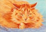 ambiguous_gender blue_background ears_down feral fluffy fur looking_at_viewer nude orange_body orange_fur pivoted_ears simple_background solo text whiskers yellow_eyes louis_wain license_info public_domain domestic_cat felid feline felis mammal ancient_art pastel_(artwork) signature traditional_media_(artwork)