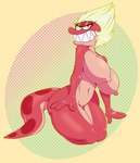 4_fingers anthro blonde_hair breasts eyelashes female fingers hair kneeling long_tail looking_at_viewer navel nipples non-mammal_breasts nude pink_body sharp_teeth sitting smile solo tail teeth wide_hips sbshouseofpancakes amphibia_(series) disney general_yunan amphibian newt salamander digital_media_(artwork) hi_res