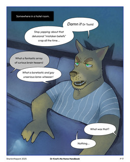 angry anthro bed border bulge clothing detailed_bulge dialogue eyebrows fur furniture genital_outline green_eyes male offscreen_character pajamas pattern_clothing pattern_shirt pattern_topwear penis_outline pillow shirt solo speech_bubble striped_clothing striped_shirt striped_topwear stripes text topwear whisker_spots white_border yellow_body yellow_fur sharkinthepark dr_knot_(sharkinthepark) canid canine canis domestic_dog mammal 2025 4:5 absurd_res english_text hi_res