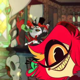 alcohol anthro beverage bow_tie drinking duo female male selfie sharp_teeth teeth window vivzmind hazbin_hotel hellaverse instagram alastor_(hazbin_hotel) husk_(hazbin_hotel) niffty_(hazbin_hotel) cyclops demon domestic_cat felid feline felis humanoid mammal 1:1 2020 official_art