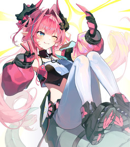 accessory bare_shoulders bent_legs big_breasts black_clothing black_footwear black_shoes blue_eyes breasts clothing female female_humanoid footprint footwear gesture gloves hair hair_accessory hand_gesture handwear highlights_(coloring) horn jacket knock-kneed leggings legwear long_hair one_eye_closed pawprint pigtails pink_clothing pink_hair pink_jacket pink_topwear pointy_ears prick_ears selfie shoes smile sparkles tail tail_scales tongue tongue_out topwear under_tail white_clothing white_leggings white_legwear ty_saurus arknights_endfield mythology yvonne_(arknights) animal_humanoid dragon dragon_humanoid horned_humanoid humanoid mythological_creature mythological_scalie scalie absurd_res hi_res