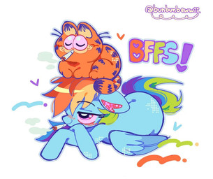 ambiguous_feral ambiguous_gender blue_body blue_feathers blue_fur blush cigarette duo feathered_wings feathers female feral folded_wings freckles fur hair heart_symbol multicolored_hair multicolored_tail orange_body orange_fur pink_eyes pink_sclera rainbow_hair rainbow_tail simple_background smile smoking tail whiskers white_background wings bunbunbewwii friendship_is_magic garfield_(series) hasbro my_little_pony mythology garfield_the_cat rainbow_dash_(mlp) domestic_cat equid equine felid feline felis mammal mythological_creature mythological_equine pegasus tabby_cat colorful_theme crossover icon male_(lore)