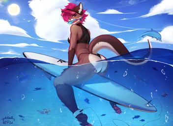 anthro bikini breasts butt clothing detailed_background female fish_in_mouth fluffy glistening glistening_hair hair hat headgear headwear paws pink_hair sea solo sun surfboard surfing swimwear two-piece_swimsuit water just_teru fan_character aquatic cetacean dolphin fish mammal mustelid otter toothed_whale absurd_res hi_res
