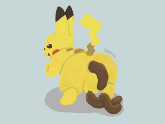 anthro anus backsack balls bent_over butt feces feces_pile genitals male pooping pooping_on_floor presenting presenting_hindquarters scatplay simple_background solo skattapookie nintendo pokemon generation_1_pokemon pikachu pokemon_(species) hi_res