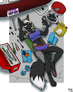 anthro athletic barefoot black_body black_fur bodily_fluids bottomwear breasts car cheek_tuft cleavage clothed clothing crop_top digitigrade dipstick_tail electronics eyewear facial_tuft feet female fur furniture grey_body grey_fur hair holding_object holding_phone lying markings medium_breasts midriff navel oil on_back orange_eyes pawpads phone purple_bottomwear purple_clothing purple_crop_top purple_shirt purple_shorts purple_tank_top purple_topwear shirt short_hair shorts solo stool sunglasses sweat sweatdrop tail tail_markings tank_top toolbox tools topwear tuft vehicle white_hair foxboy83 tootaloo vixen_logic silver_(vixen_logic) canid canine fox mammal red_fox silver_fox true_fox 4:5 colored digital_media_(artwork) full-length_portrait hi_res portrait