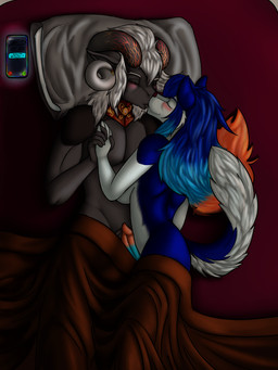 animal_genitalia animal_penis anthro bed bedding blanket blue_body blue_fur blue_hair blush breasts brown_body canine_genitalia canine_penis cellphone dragon_horn duo electronics fur furniture genitals gynomorph hair hand_holding horn intersex intersex/male kiss_on_lips kissing male penis penis_touching phone pillow romantic smartphone white_body white_fur bluhellwulf mythology basian zarek_(bluhellwulf) canid canine canis domestic_dog dragon husky mammal mythological_creature mythological_scalie nordic_sled_dog scalie spitz 3:4 absurd_res hi_res