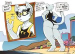 anthro beach big_butt butt extreme_size_difference fur hands_on_hips larger_anthro larger_male macro macro_anthro macro_male male oblivious outside seaside size_difference smaller_anthro superhero taking_picture text white_body white_fur ducky_(artist) thunder_thighs_(kyrm) domestic_cat felid feline felis lagomorph leporid mammal rabbit 2022 english_text