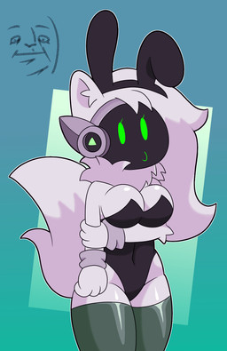 anthro arm_under_breasts big_breasts breasts bunny_costume clothing costume fake_ears fake_rabbit_ears female fluffy fluffy_hair fluffy_tail fur hair huge_breasts legwear machine neck_tuft screen screen_face solo tail thick_thighs thigh_highs tuft white_body white_fur wide_hips spartancandy protogen hi_res