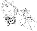 ambiguous_gender bamboo_hat blood bodily_fluids clothing death duo feral gore hat headgear headwear katana melee_weapon motion_lines robe simple_background sword violence weapon white_background inshi fluffy_pony fluffy_pony_(species) human mammal hi_res monochrome