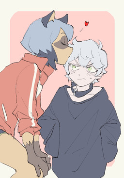adolescent annoyed anthro biped blue_body blue_fur blue_hair bottomwear brown_body claws clothed clothing collar duo eyes_closed facial_markings female finger_claws frown fur gloves_(marking) hair head_markings heart_symbol humanoid_hands jacket kissing kissing_head male male_human markings oversized_clothing oversized_shirt oversized_topwear red_clothing red_jacket red_topwear shirt short_hair shorts simple_background topwear white_hair yellow_eyes young uzimusi_fgo brand_new_animal studio_trigger michiru_kagemori shirou_ogami canid canine human mammal raccoon_dog tanuki 2020 digital_media_(artwork) adult_(lore)
