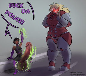 armor_plates balls big_balls big_penis blonde_hair blush bodysuit brown_body brown_skin clothing duo_focus genitals gloves group hair handwear huge_balls huge_penis humanoid_genitalia humanoid_penis humanoid_pointy_ears hyper hyper_balls hyper_genitalia hyper_penis looking_at_another magic_user penis pointy_ears size_difference skinsuit street text tight_clothing tongue tongue_out transformation_through_magic errokioslem elf humanoid english_text full-length_portrait hi_res portrait
