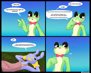 anthro bow_tie clothing dialogue duo female gloves green_body handwear male overalls pupils purple_body smug smug_face text yellow_clothing yellow_gloves yellow_handwear yellow_sclera pockettmob glitch_productions the_amazing_digital_circus jax_(tadc) ribbit_(tadc) amphibian frog lagomorph leporid mammal rabbit colored comic cover cover_art cover_page english_text hi_res
