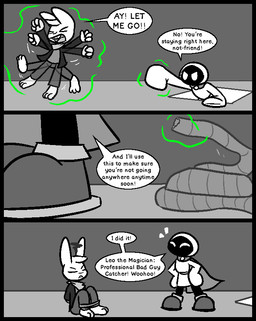 3_toes 4_fingers angry annoyed anthro arms_tied arms_together barefoot bottomwear bound buckteeth cape clothed clothing dialogue duo eyes_closed feet fingers fist floating footwear frown hands_behind_back happy jacket kerchief legs_tied legs_together long_sleeves magic male mouthless no_pupils open_clothing open_jacket open_topwear pants raised_arm robe shirt shoes speech_bubble teeth text toes topwear ultilix leo_the_magician wes_(ultilix) humanoid lagomorph leporid mammal rabbit shadow_creature 2025 comic english_text greyscale monochrome multiple_scenes