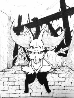 ambiguous_anthro ambiguous_gender anthro biped detailed_background digitigrade dipstick_tail front_view looking_at_viewer markings object_in_tail outside ruins sitting solo stick stick_in_tail tail tail_markings eiroru nintendo pokemon braixen canid generation_6_pokemon mammal pokemon_(species) 2017 3:4 full-length_portrait hi_res monochrome pen_(artwork) portrait smaller_version_at_source source_request traditional_media_(artwork) unavailable_at_source