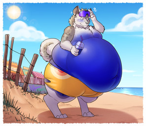 anthro belly belly_expansion belly_inflation beverage big_belly biped blue_body blue_fur blueberry_inflation blush boardwalk changing_color clothed clothing cloud detailed_background digitigrade ear_piercing emanata expansion eyewear fur gauged_ear graffiti grey_body grey_fur heterochromia holding_beverage holding_object huge_belly hyper hyper_belly inflation lens_flare lighthouse looking_at_self looking_down looking_down_at_self male markings navel outside overweight piercing plug_(jewelry) question_mark sand sea sky slushie solo spots spotted_body standing sun sunglasses sunglasses_lift surprised swimming_trunks swimwear text tight_clothing topless torn_clothing turning_blue water fenris49 lillymoo saturn_(idklookitup) akita canid canine canis domestic_dog hybrid hyena mammal spitz 2025 artist_name digital_media_(artwork) hi_res
