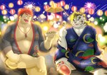 anthro duo festival food fur happi_(clothing) kemono male night one_eye_closed overweight overweight_male tongue tongue_out white_body white_fur wink homohomofever lifewonders tokyo_afterschool_summoners licho_(tas) ryouta_yakushimaru felid human mammal pantherine tiger 2021 hi_res