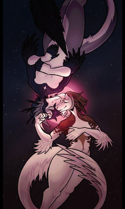 anthro black_body black_hair breasts brown_hair closed_smile cosmic_background duo eyes_closed female front_view fur grey_body grey_fur hair horn mouth_closed nude red_body small_horn smile space space_background tail unsigned white_body white_breasts white_fur kardinaluz sergal absurd_res hi_res