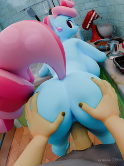 animal_ears anthro bent_over big_breasts big_butt biped blue_body bodily_fluids breasts butt cleaver_(knife) cutlery detailed_background ear_piercing eyelashes female female_penetrated genital_fluids hair huge_butt inside kitchen kitchen_knife kitchen_utensils knife looking_at_viewer looking_back male male/female male_penetrating mature_female nude penetration penile penile_penetration piercing pink_hair pupils sex tail tail_aside thick_thighs tools vaginal vaginal_fluids vaginal_penetration foxventus friendship_is_magic hasbro my_little_pony mrs._cake_(mlp) equid equine mammal 3:4 3d_(artwork) digital_media_(artwork) hi_res