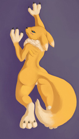 3_fingers 3_toes annoyed anthro arm_tuft barefoot biped black_claws black_sclera blue_eyes breasts butt cheek_tuft claws countershading curling_toes dakimakura dipstick_ears dipstick_tail ear_markings ears_down facial_markings facial_tuft feet female fingers frown fur gloves_(marking) grumpy head_markings looking_at_viewer looking_away looking_back lying mane markings multicolored_body multicolored_ears multicolored_fur multicolored_tail neck_tuft nude on_front pivoted_ears pose pubes purple_background raised_tail rear_view shoulder_tuft side_boob simple_background soles solo tail tail_markings tan_body tan_fur tan_mane toe_claws toes tuft two_tone_body two_tone_fur wide_hips yellow_body yellow_fur nyar bandai_namco digimon canid canine digimon_(species) mammal renamon colored dakimakura_design digital_media_(artwork) hi_res pinup
