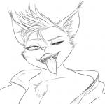 1_eye anthro breasts clothing due female hair selfie shirt short_hair smile solo tongue tongue_out topwear gorezing gorezing_(character) felid feline lynx mammal monochrome