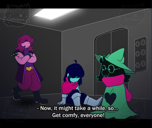 anthro black_body black_fur clothed clothing elevator eyewear female fur glasses hat headgear headwear heart_symbol male robe scarf sitting text witch_hat zomibom deltarune undertale_(series) kris_dreemurr ralsei susie_(deltarune) bovid caprine darkner goat human lizard mammal reptile scalie 2018 2d_animation animated english_text