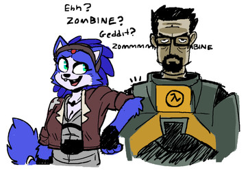 annoyed anthro beard blue_body blue_fur clothing cropped_jacket duo eyewear facial_hair female fingerless_gloves fur furgonomics glasses gloves green_eyes handwear hev_suit humor jewelry joke male necklace unknown_artist black_mesa half-life nintendo star_fox valve alyx_vance gordon_freeman krystal_(star_fox) canid canine fox human humanoid mammal hi_res