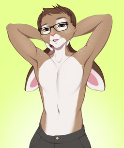 anthro bottomwear brown_hair buckteeth clothed clothing eyebrows eyewear glasses gradient_background green_background hair long_ears looking_at_viewer male navel open_mouth pants pink_inner_ear pink_nose raised_arms simple_background solo standing teeth topless unsigned v3nusbby lagomorph leporid mammal rabbit digital_media_(artwork) half-length_portrait hi_res portrait shaded