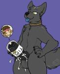 2016 anthro balls black_body black_fur black_penis blush bodily_fluids brown_hair bubble canid canine canis cheek_bulge chest_tuft coin collar container coyote cum cum_drip cum_in_container cum_in_jar cum_inside dripping duo ejaculation english_text erection fur genital_fluids genitals hair hand_on_hip hi_res jar looking_down male male/male mammal masturbation micro nude orgasm panda-chan_(artist) penile penile_masturbation penis purple_background secretipy simple_background smile standing swimming text thick_penis tip_jar tipping tongue tongue_out tuft wolf yellow_eyes