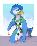 anthro balls beak blue_body blue_eyes blue_fur blue_hair bodily_fluids foreskin fur genital_fluids genitals green_harness hair harness humanoid_genitalia humanoid_penis leaking_precum male penis precum solo yellow_beak fenneckiro paddles_(penguin) avian bird absurd_res hi_res