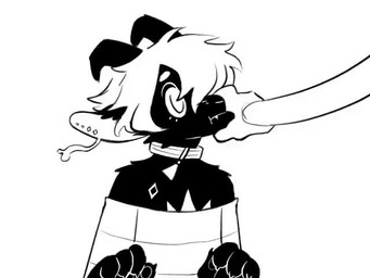 2_horns anthro fangs hair hair_over_eye horn shaking shaking_another short_hair snout_grab teeth nagpox bovid caprine goat mammal 2d_animation 4:3 animated frame_by_frame greyscale monochrome no_sound short_playtime video nonbinary_(lore)
